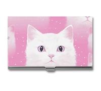 VFMKT Porte-cartes de visite fin en métal - Porte-cartes de visite portable - Motif chat blanc - Pour homme et femme