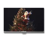 VFMKT Porte-cartes de visite fin en métal - Porte-cartes de visite - Porte-cartes de visite - Père Noël sur l'arbre de Noël - Portefeuille pour homme et femme