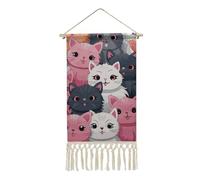 VFMKT Poster mural à suspendre avec pompons en coton et lin Motif chatons mignons 25,4 x 50 cm de long Décoration murale verticale pour salon, bureau, chambre à coucher