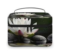 VFMKT Trousse de maquillage portable à motif de fleurs et de pierres zen noires avec fermeture éclair pour femme, fleur et pierres zen noires, 25 x 18 x 15 cm, Fleur et Pierres Zen Noires, 25x18x15cm