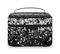 VFMKT Trousse de maquillage portable à paillettes noire et blanche avec fermeture éclair pour femme - Noir et blanc pailleté - 25 x 18 x 15 cm, Paillettes noires et blanches., 25x18x15cm