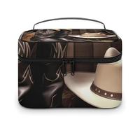 VFMKT Trousse de maquillage portable avec fermeture éclair pour femme - Chapeau noir - 25 x 18 x 15 cm, Bottes western de cowboy noires, 25x18x15cm