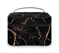 VFMKT Trousse de maquillage portable en marbre noir et doré avec fermeture éclair pour femme, Marbre noir et doré., 25x18x15cm