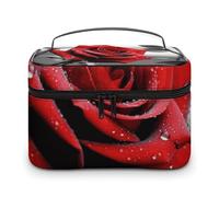 VFMKT Trousse de maquillage portable noire et blanche avec rose rouge avec fermeture éclair pour femme - Noir et blanc - Rose rouge - 25 x 18 x 15 cm, Rose rouge noire et blanche, 25x18x15cm