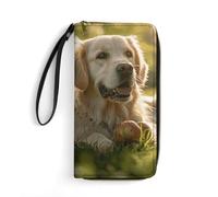 VFMNT Portefeuille en cuir avec motif chien assis sur l'herbe - Grande capacité - Fermeture éclair autour du téléphone - Pour homme et femme - Blanc - 19,7 x 10,5 cm, blanc, 19.7x10.5cm