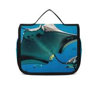 VFMNT Trousse de toilette pour homme et femme, raie manta et poissons, trousse de maquillage avec crochet de suspension, étanche, grande capacité, sac de voyage pour accessoires de toilette, blanc,