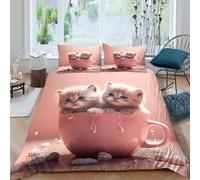 VFQWPYAJN Cute Kittens Parure de Lit Léger Microfibre résistante 3 Pièces 3D Effet Rose Cup Cozy scène Housse de Couette avec 2 Taies d'oreiller Hypoallergique for Adulte Super King（260x220cm）