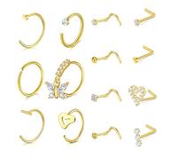 VFUN 20 g Piercing de nez papillon en forme de cœur 7 mm Longueur de la tige Vis de nez et L Bend Clear Diamant Cz Piercing de nez Bijoux Argent Or, acier inoxydable