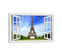 VFUNZA Fenetre Tableau avec Cadre en Bois Paris Tour Eiffel 3D Fausse Fenêtre Paysage Urbain Image Impression sur Toile Tableau Decoration Murale Salon 80x120cm31x47in Encadrée