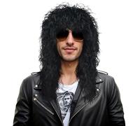 VGbeaty Perruque Mulet Longue Noire Bouclée Pour Hommes et Femmes Perruque des Années 70 80 Rocker Punk Pour Carnaval Halloween cosplay Déguisement Party