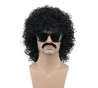 VGbeaty Perruque Noire Bouclée avec Moustache Pour Hommes Perruque des Années 70 80 Rocker Disco Pour Carnaval Halloween cosplay Déguisement Party