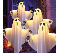 VGE Fantome Halloween Decoration, avec Mains Squelettiques, 3 Modes d’Éclairage LED, Décoration d’Halloween Suspendue Intérieure et Extérieure Effrayante, pour Jardin, Porche, Arbre 4 Pièces