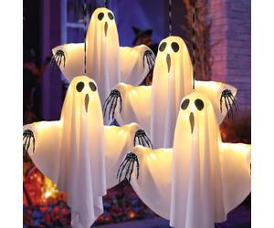 VGE Fantome Halloween Decoration, avec Mains Squelettiques, 3 Modes d’Éclairage LED, Décoration d’Halloween Suspendue Intérieure et Extérieure Effrayante, pour Jardin, Porche, Arbre 4 Pièces