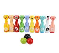 VGEBY Jouet Bowling Set, Kit de Jouets Educatifs pour Enfants Jeu de Bowling Dessins Animés en Bois Animaux 10 Bouteilles de Bowling + 3 Boules Jouets De Plein Air pour Enfants