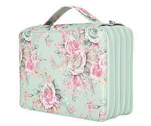 VGEBY Trousse à Crayons Portable avec 252 Compartiments, Porte-Stylo Multicouche imprimé Rose avec Fermeture éclair, Rangement pour L'organisation de la Papeterie (Roses sur Fond Vert)