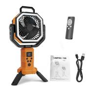 VGEBY Ventilateur de Camping Portable avec Trépied, Télécommande, Batterie Rechargeable de 20 000 MAh, 4 Vitesses, Oscillation de Lumière LED à 3 Niveaux, Banque D'alimentation pour (ORANGE)