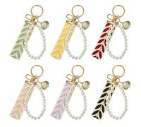 VGECEE Lot de 6 Porte-clés en Ruban de Perles Porte e Bracelet Porte-clés Perles pour Femmes Anneau de Clés Créatif Avec Feuilles pour Clés Portefeuille Sac à Main Voiture, 6 Couleurs