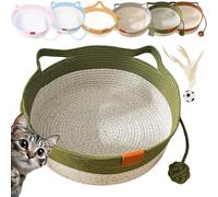 Vgpbphj Cat Basket Bed, Cat Handwoven Basket, Cotton Rope Cats Bed Basket with Scratching Ball Toy, Round Cat Beds, Cats Ear Design, Breathable & Easy to Clean,All Season Universal (Green, L-17.7in)