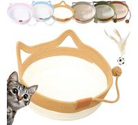 Vgpbphj Cat Basket Bed, Cat Handwoven Basket, Cotton Rope Cats Bed Basket with Scratching Ball Toy, Round Cat Beds, Cats Ear Design, Breathable & Easy to Clean,All Season Universal (Khaki, L-17.7in)
