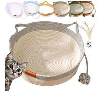 Vgpbphj Cat Basket Bed, Cat Handwoven Basket, Cotton Rope Cats Bed Basket with Scratching Ball Toy, Round Cat Beds, Cats Ear Design, Breathable & Easy to Clean,All Season Universal (Gray, M-15.7in)
