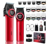 VGR 001 & 977 Tondeuse Cheveux Hommes Professionnel, Tondeuse Finition et à Cheveux Sans Fil Kit de Coupe avec Lame DLC et Lumière LED, Rechargeable USB avec Support de Charge, Rouge