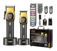 VGR 885 S2 Tondeuse Cheveux Pour Hommes Professionnel, Ensemble Tondeuse a Cheveux et Barbe Homme Sans Fil, Avec Lames en Céramique DLC, Rouleau 21 Vitesses, 2 Socles Magnétiques, Écran LED, Doré