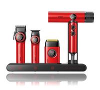 VGR Professional Barber Combo avec Tondeuse Cheveux, Trimmer, Rasoir Grille et Sèche Cheveux Ionique, 4 en 1 Kit Barbier Professionnel Équipé Moteur Renforcé, Écran LED, Base de Charge et Boîte, Rouge