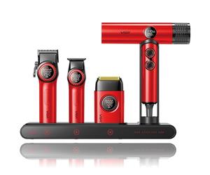 VGR Professional Barber Combo avec Tondeuse Cheveux, Trimmer, Rasoir Grille et Sèche Cheveux Ionique, 4 en 1 Kit Barbier Professionnel Équipé Moteur Renforcé, Écran LED, Base de Charge et Boîte, Rouge