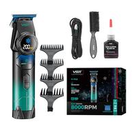 VGR Tondeuse à barbe pour homme avec technologie de refroidissement ICE, moteur électrique BLDC 8000 tr/min, lame en céramique bleue, batterie rechargeable USB-C sans fil, tondeuse à cheveux de