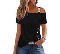 VgueElegc Chemise asymétrique à Volants boutonnés pour Femme T - Shirt asymétrique à épaules dénudées Mignon Sexy Hors épaule Tops (Noir,TTG)