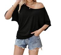 VgueElegc T - Shirt Oversize à Manches Chauve - Souris de Printemps pour Femmes Chemise décontractée Outdoor Tops à épaules dénudées Manches Courtes (Noir,Grand)