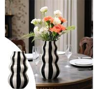 VGy607 Vase à rayures en céramique peint à la main pour fleurs et maison, pour table à manger, console d'entrée ou étagère à livres (noir, 23 x 12 cm)