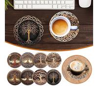 VGy768 Lot de 8 sets de table isolants thermiques en bois Motif arbre de vie Marron 10 x 10 cm