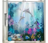 Vgzsyomqib Dauphin Rideau Douche Anti Moisissure 3D Imprimé Océan Mer Bleu Rideau de Salle Bain 180x180 Tissu Polyester Imperméable Motif Fond Marine Poisson Rideaux Baignoire Lavable