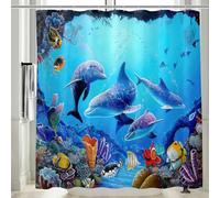 Vgzsyomqib Dauphin Rideau Douche Anti Moisissure Imprimé Océan Mer Rideau de Salle Bain 180x180 Tissu Polyester Imperméable Motif Bleu Fond Marine Poisson Rideaux Baignoire Lavable