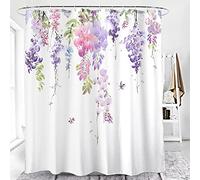 Vgzsyomqib Fleuri Rideau de Douche 3D Floral Anti Moisissure Imperméable Tissu Polyester Rideaux de Douche Fleur Baignoire Lavable en Machine avec 12 Crochet - 180x200 cm Blanc Violet Rose