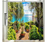 Vgzsyomqib Italienne Rideau Douche Anti Moisissure Motif Bleu Mer Rideau de Douche 180x200 Tissu Imperméable 3D Imprimé Paysage Vert Rideaux Baignoire Qualité Polyester Lavable avec Anneaux