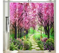 Vgzsyomqib Japonais Rideau Douche Anti Moisissure Motif Vert Forêt Floral Rideau de Douche 180x200 Tissu Imperméable Imprimé Arbre Japon Fleur Rose Rideaux Qualité Polyester Lavable avec Anneaux