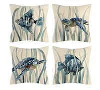 Vgzsyomqib Océan Bleu Housse Coussin en Lin Lot de 4 Décoratif Mer Plage Housses Coussin 40x40 Animaux Marin Tortue Poisson Motif Taie Oreiller Deco Interieur Lit Canapé Salon Exterieur