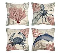 Vgzsyomqib Océan Poisson Housse de Coussin Lin Lot de 4 Décoratif Design Doux 45x45 cm Animaux Étoile Mer Motif Taie d'oreiller Salon Canapé Chambre Jardin Fauteuil Exterieur Bleu Rouge