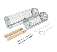 vhbw 2X Panier à Barbecue Rotatif (kit 1 Grand, 1 Petit) pour Grill - Acier INOX, Bois, poignée Bois Amovible