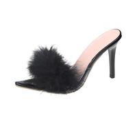 Vhersily 2024 Femmes Sandales à Talons Hauts en Plume Pantoufle Fourrure Sexy Bout Ouvert Moyen Confortable Élégant Fluffy Chaussons Cutie Épingle A, Noir , 39