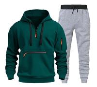 Vhersily 2025 Combinaison de gymnastique d'hiver complète pour homme, en peluche, avec capuche et pantalon, 2 pièces, avec fermeture éclair, sport, pour randonnée, porter un nouveau semestre, vert