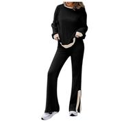 Vhersily 2025 Combinaison Femme Élégant Complet 2 Pièces Tricot Manches Longues Pulls Sans Capuche Taille Élastique Pantalon Jambe Large Ensemble Complet Costume Maison Automne Hiver Sleepwear Doux