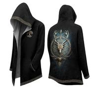Vhersily 2025 Costume D'Halloween Viking Cosplay Capes Moyenne Longueur À Capuche Mythe Nordique À La Mode Veste De Moto Manteau Médiéval Manches Longues Sport Active Techwear Y2K, W Noir, XL