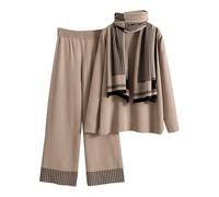 Vhersily 2025 Ensemble en Tricot Femme Élégant 3 Pièces Laine Poignet Élastique Combinaisons Pull Manches Longues et Pantalon Taille à Jambe Large Combinaison Automne Hiver Ensemble Travaillé Large