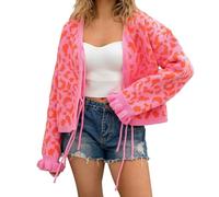 Vhersily 2025 Femmes Cardigans À Manches Longues Avec Leopard Tie Frontal, Tricoté, Crop Pull Cardigan Manches Lanterne Col en V Épaule Baisse Casual Couleur Unie, Pour Automne et Hiver, Rose chaude
