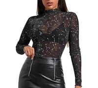 Vhersily 2025 Femmes Femmes Haut en Maille avec Étoiles Festival Outfit Techno Party Transparent Tricot Tricot Sexy Rave Transparent Manches Longues Chemisier, Noir , Large