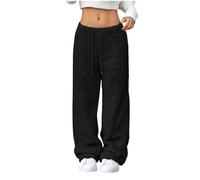 Vhersily 2025 Femmes Pantalons Larges Plissetés Chauds Fuzzy Jambe Droite Couleur Unie Long Hiver Automne Y2K Épais Confortable Doux Poilu Pyjamas Vêtements Nuit pour Loisirs Teddy Sleepwear, Noir , L