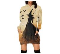 Vhersily 2025 Halloween Robe Femme avec Citrouille Spectrale Crâne Impression Sweat à Capuche avec Poches Manches Longues Pull-over Robes Maison Vintage Léger à la Mode Slim Fit Doux Confortable Mince